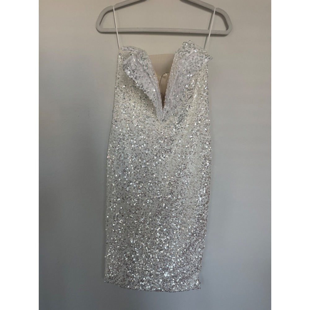 Fashion Nova White Silver Sequin Strapless V-Neck Midi Dress L Cocktail-0661